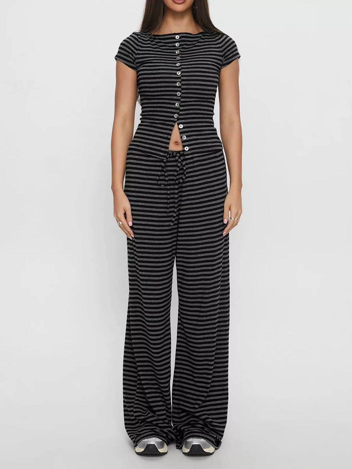 Striped Button-Down Top and Wide-Leg Pants Set