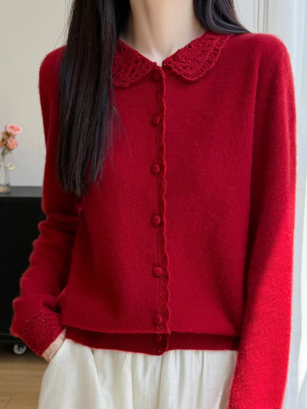 Lace-Collar Button Down Knit Cardigan