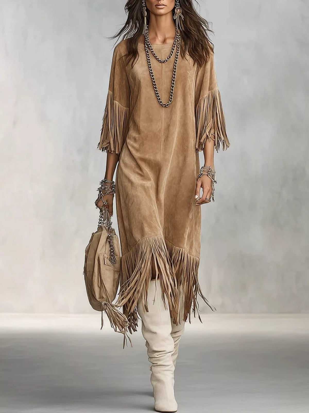 Fringed Round Neck Midi Dress