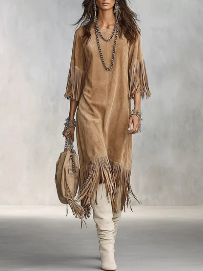 Fringed Round Neck Midi Dress