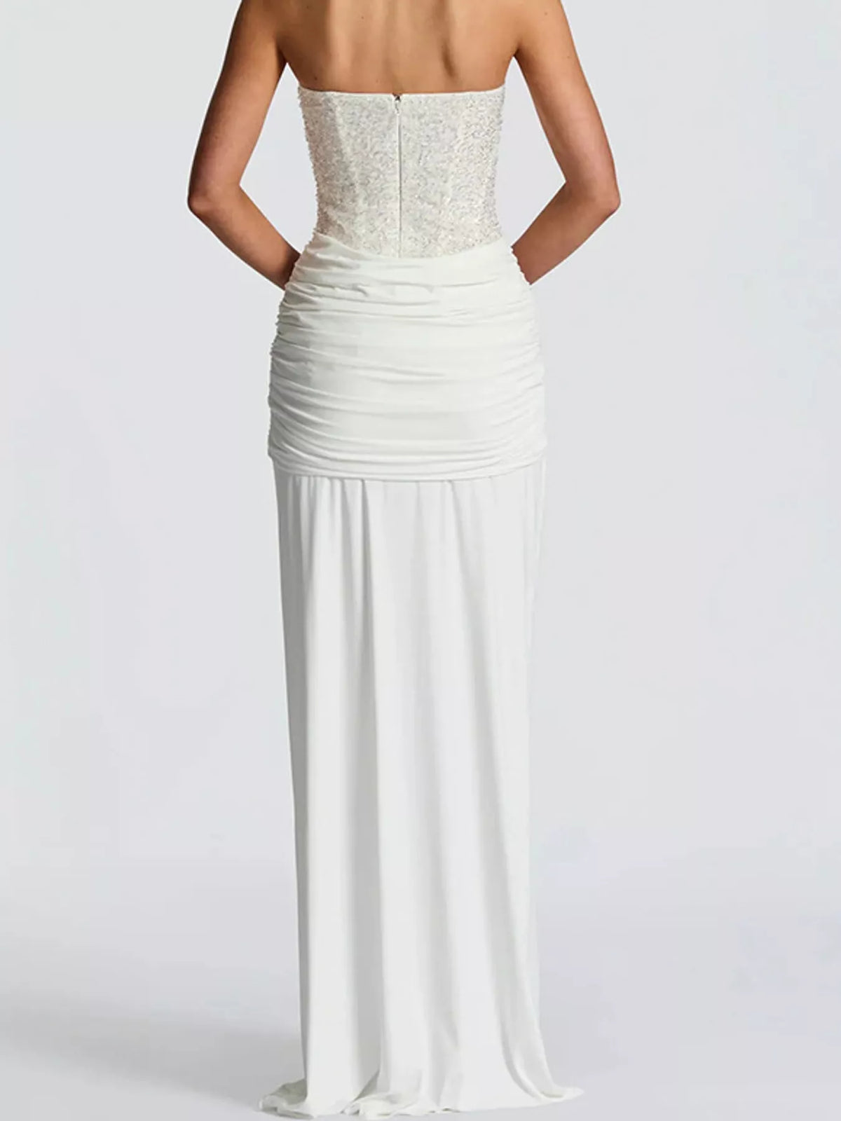Elegant Strapless Sequin Corset Maxi Dress with Draped Waist Detail