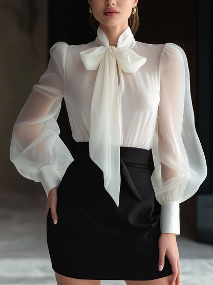 Sheer Bow-Tie Blouse & High-Waist Pencil Skirt Two-Piece Set White