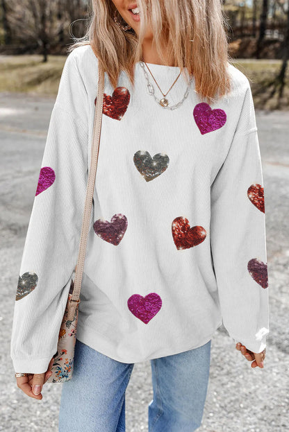 Valentine’S Day Sequin Heart Round Neck Long Sleeve Sweatshirt
