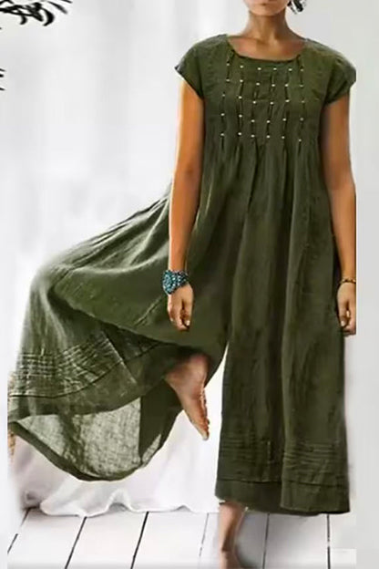 Ruched Short Sleeve Wide Leg Baggy Jumpsuit Green