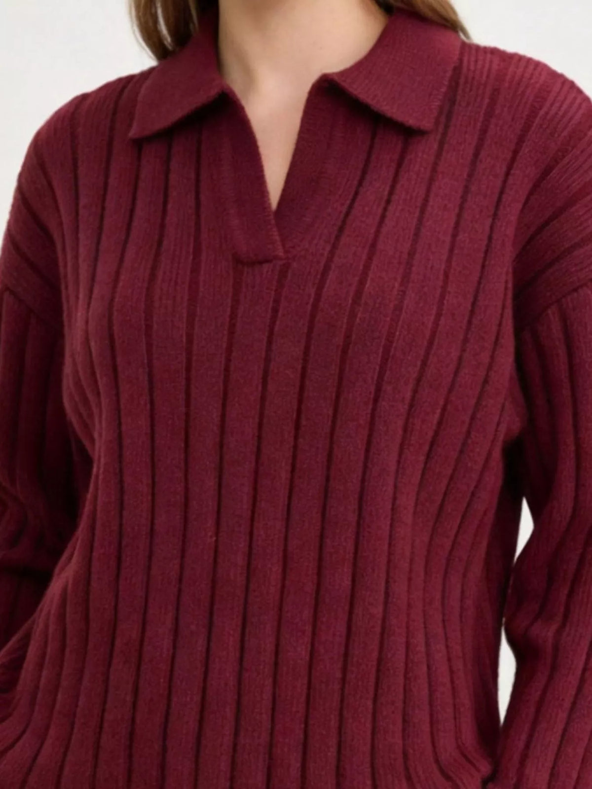 Ribbed Knit Polo Collar Sweater