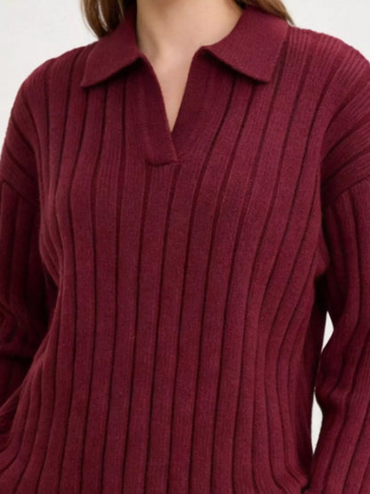 Ribbed Knit Polo Collar Sweater