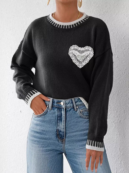 Lace Heart Contrast Trim Sweater