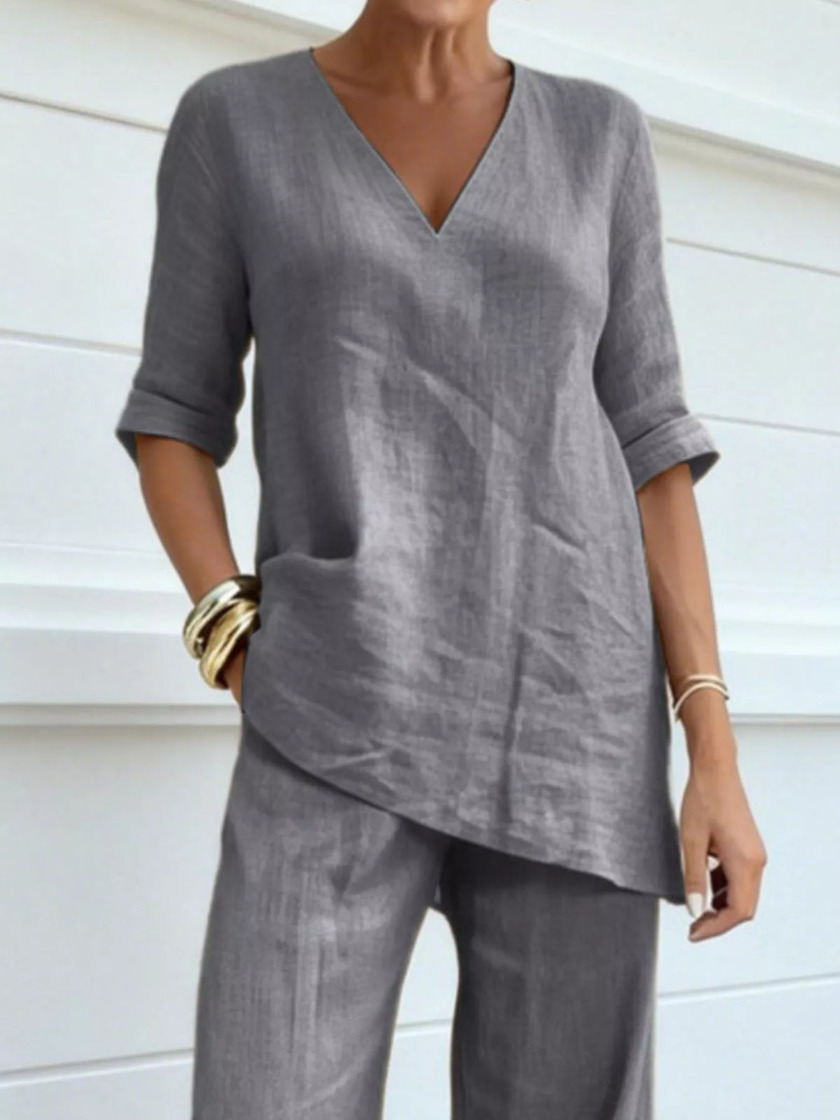 Full Size V-Neck Half Sleeve Top and Pants Set Plus Size