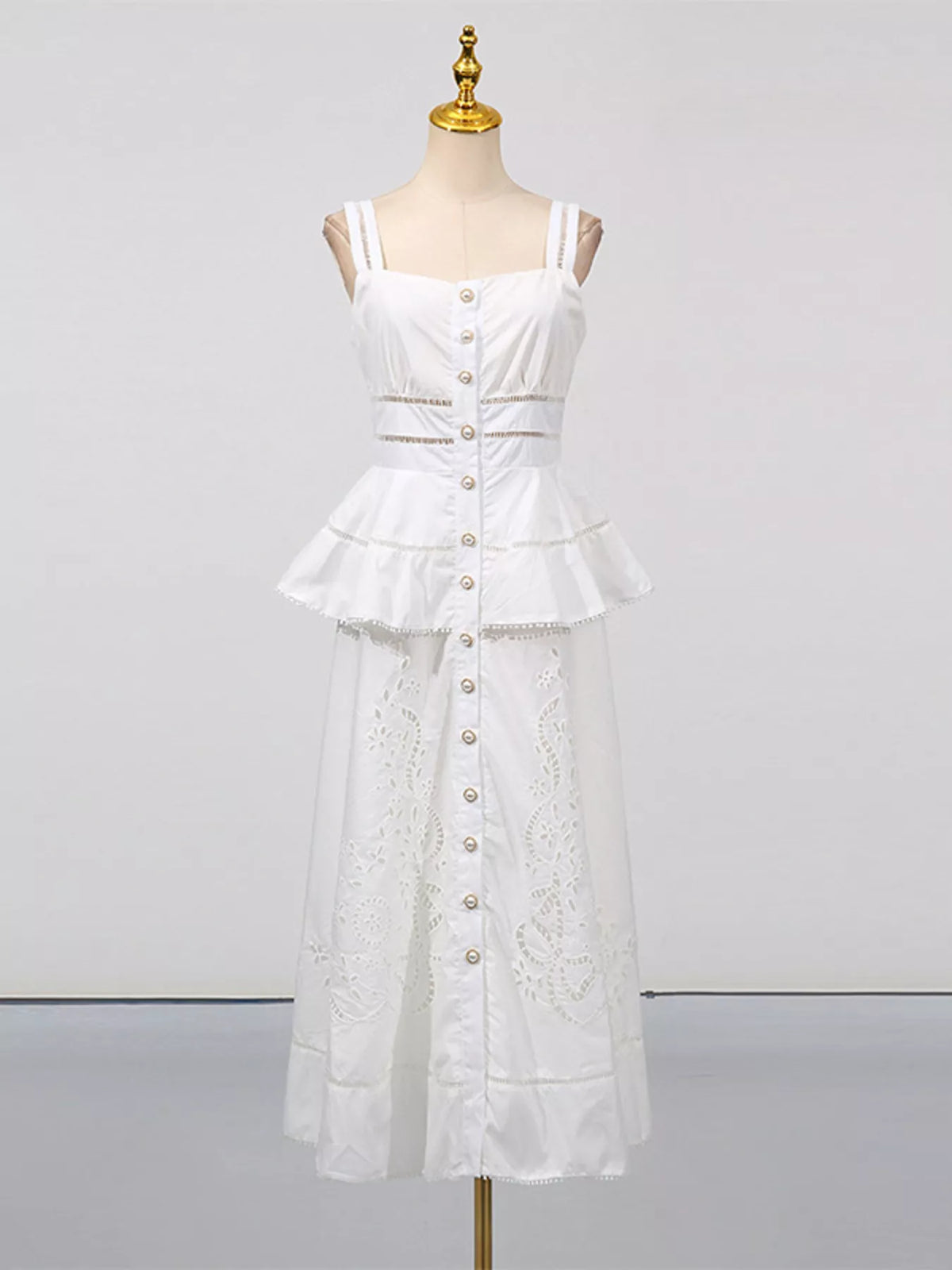 Sleeveless Eyelet Embroidered Button-Down Midi Dress