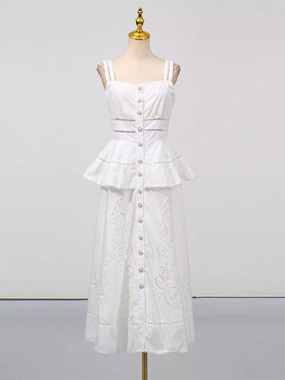 Sleeveless Eyelet Embroidered Button-Down Midi Dress