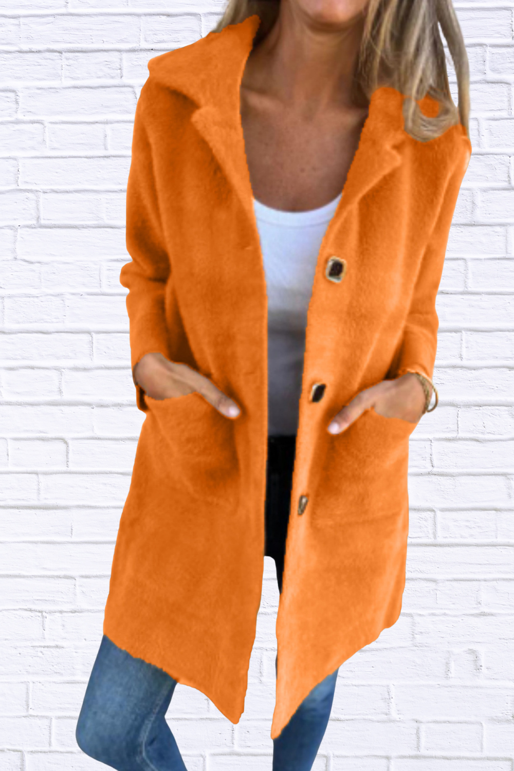 Full Size Button-Down Long Sleeve Longline Coat Plus Size Orange