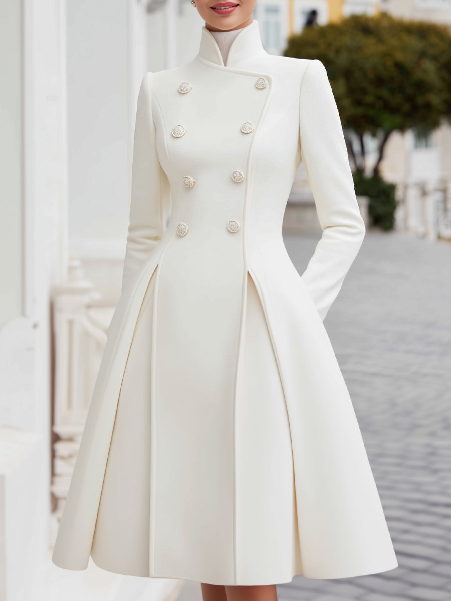 Elegant Double-Breasted Flared A-Line Coat Dress White