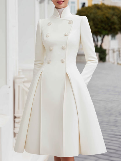 Elegant Double-Breasted Flared A-Line Coat Dress White