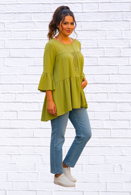 Round Neck Woven Gauged Trapeze Shirt High Low