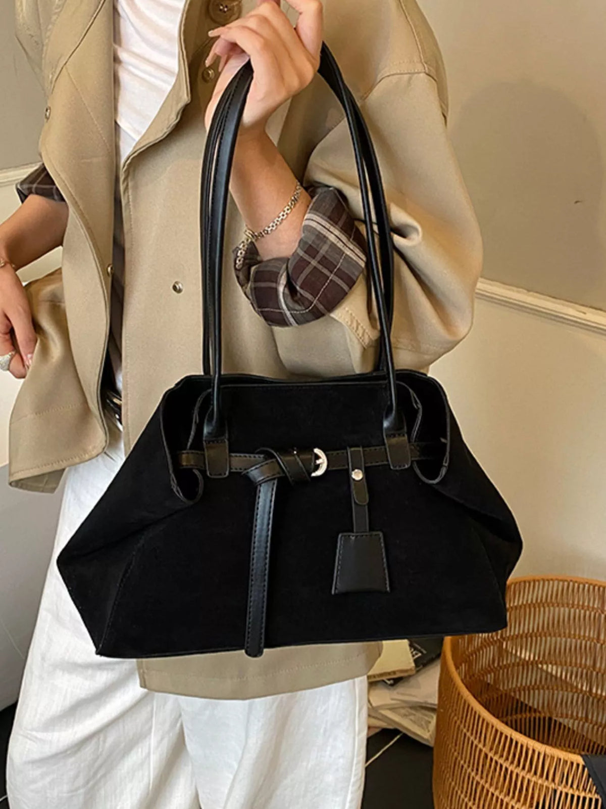 Suede Decorative Belt Buckle Shoulder Bag