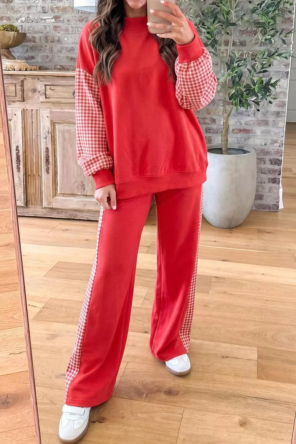 Plaid Contrast Long Sleeve Top And Wide Leg Pants Set