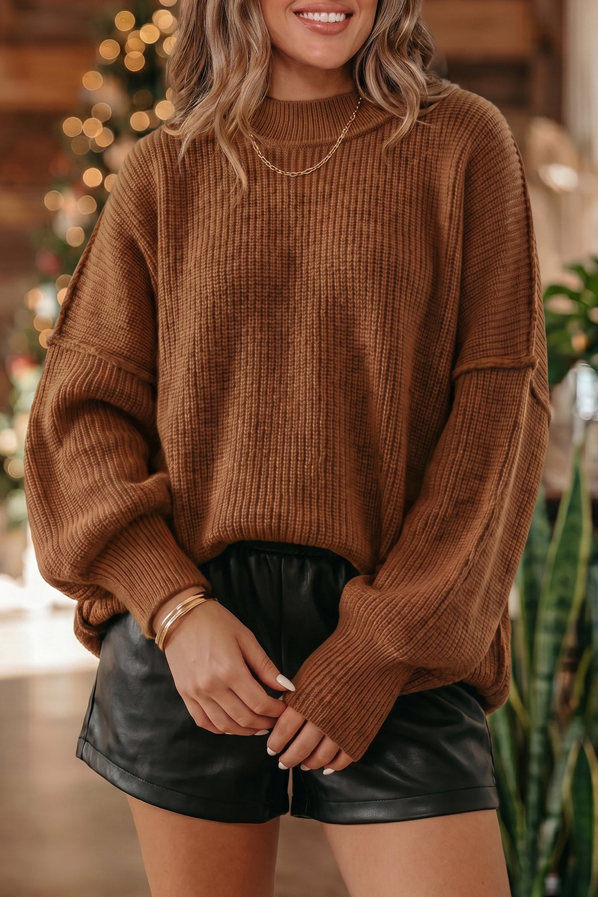 Chestnut Solid Color Mock Neck Oversized Tunic Sweater