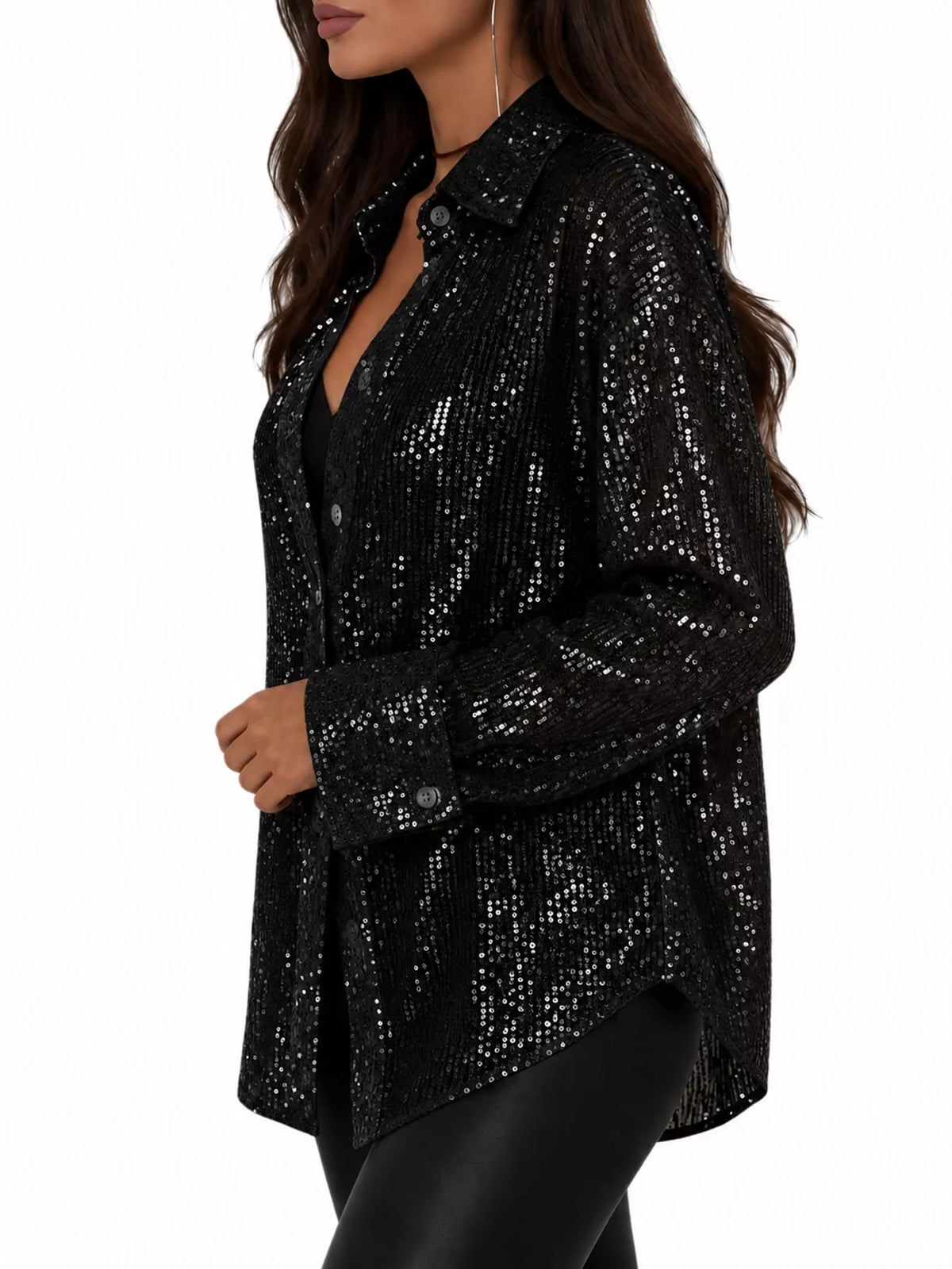 Full Size Sequin Button Up Long Sleeve Shirt Plus Size