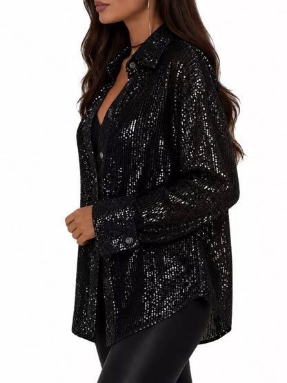 Full Size Sequin Button Up Long Sleeve Shirt Plus Size