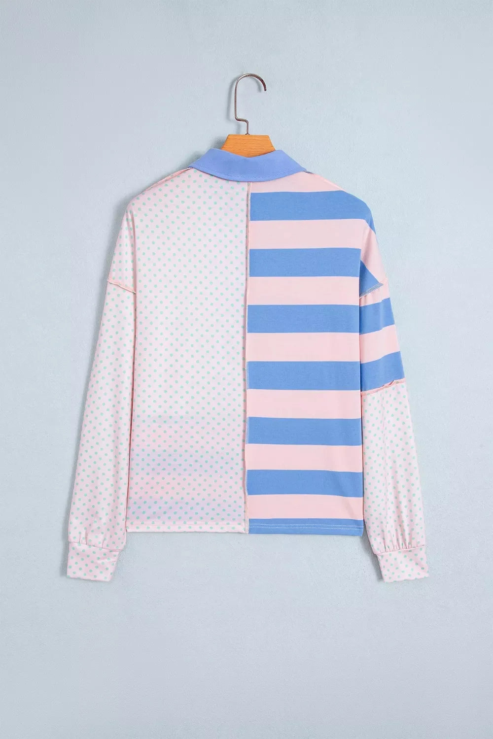 Striped Polka Dot Patchwork Polo Collar Long Sleeve Top