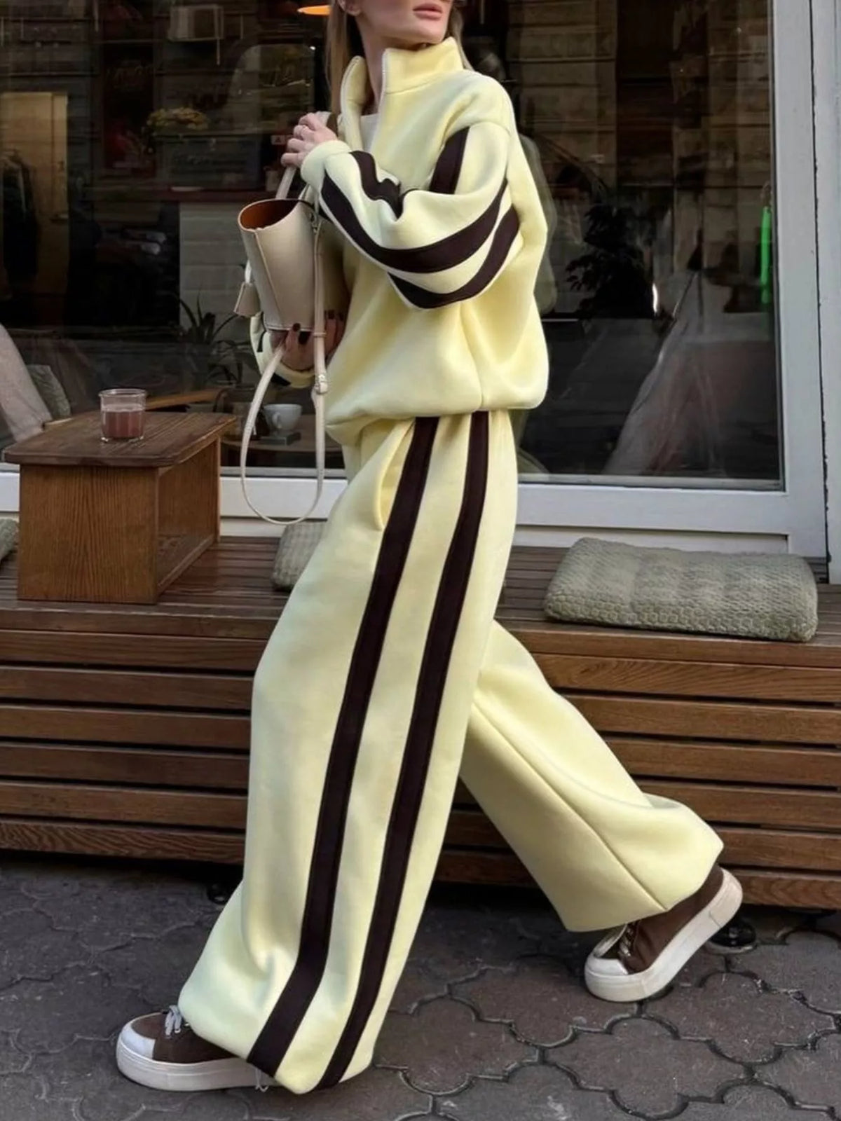Contrast Striped Zip Up Top and Pants Set