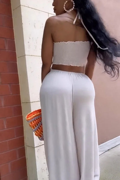 Halter Ruched Ruffle Cut Out Oversized Wide Leg Jumpsuit