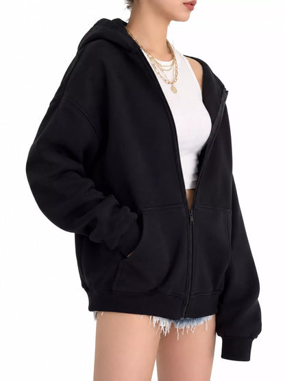 Full Size Zip-Up Dropped Shoulder Hoodie Plus Size