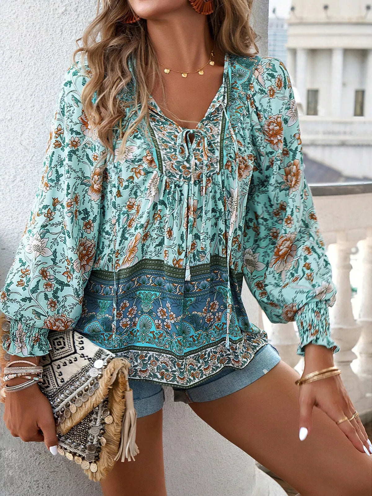 Floral Print Tie-Neck Blouse with Smocked Cuffs