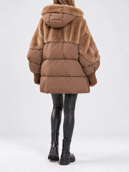 Full Size Faux Fur Hooded Puffer Outerwear Plus Size