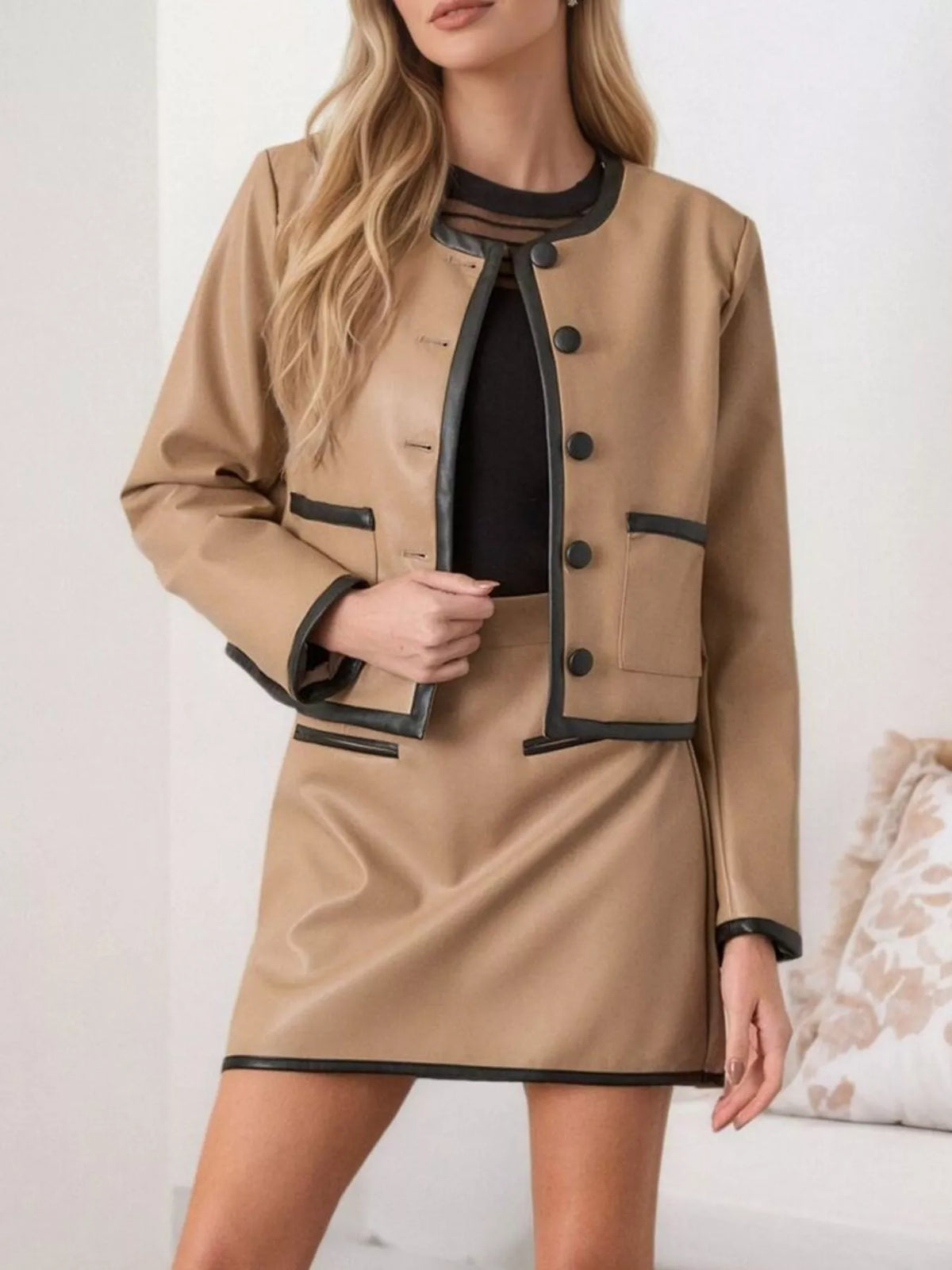 Contrast Trim Jacket and Mini Skirt Set