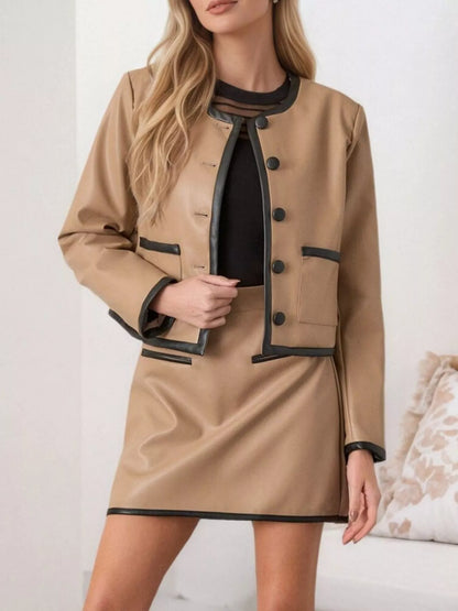 Contrast Trim Jacket and Mini Skirt Set