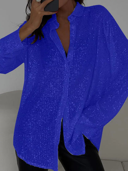 Full Size Sequin Button-Down Shirt Plus Size