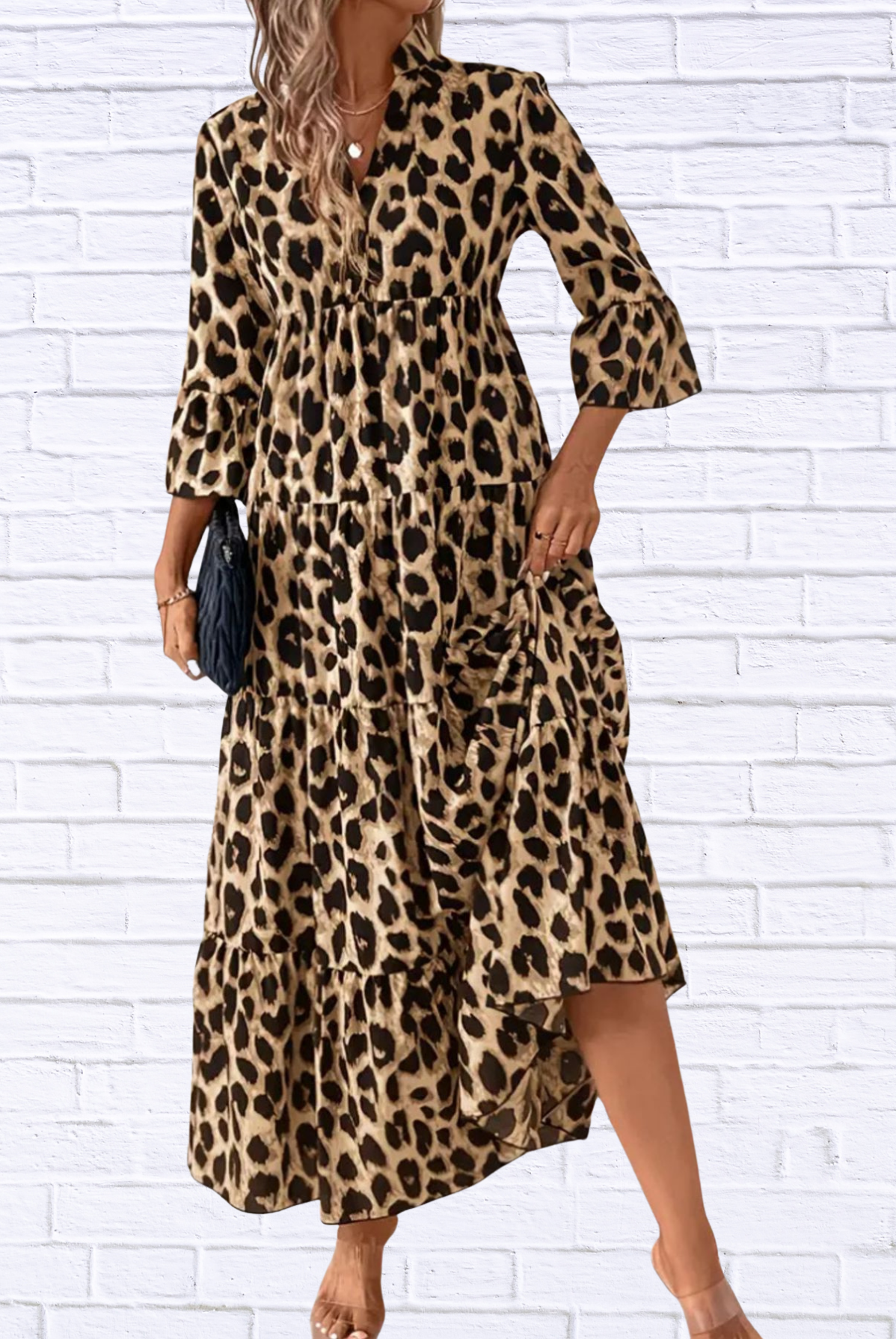 Leopard 3/4 Sleeve Midi Dress
