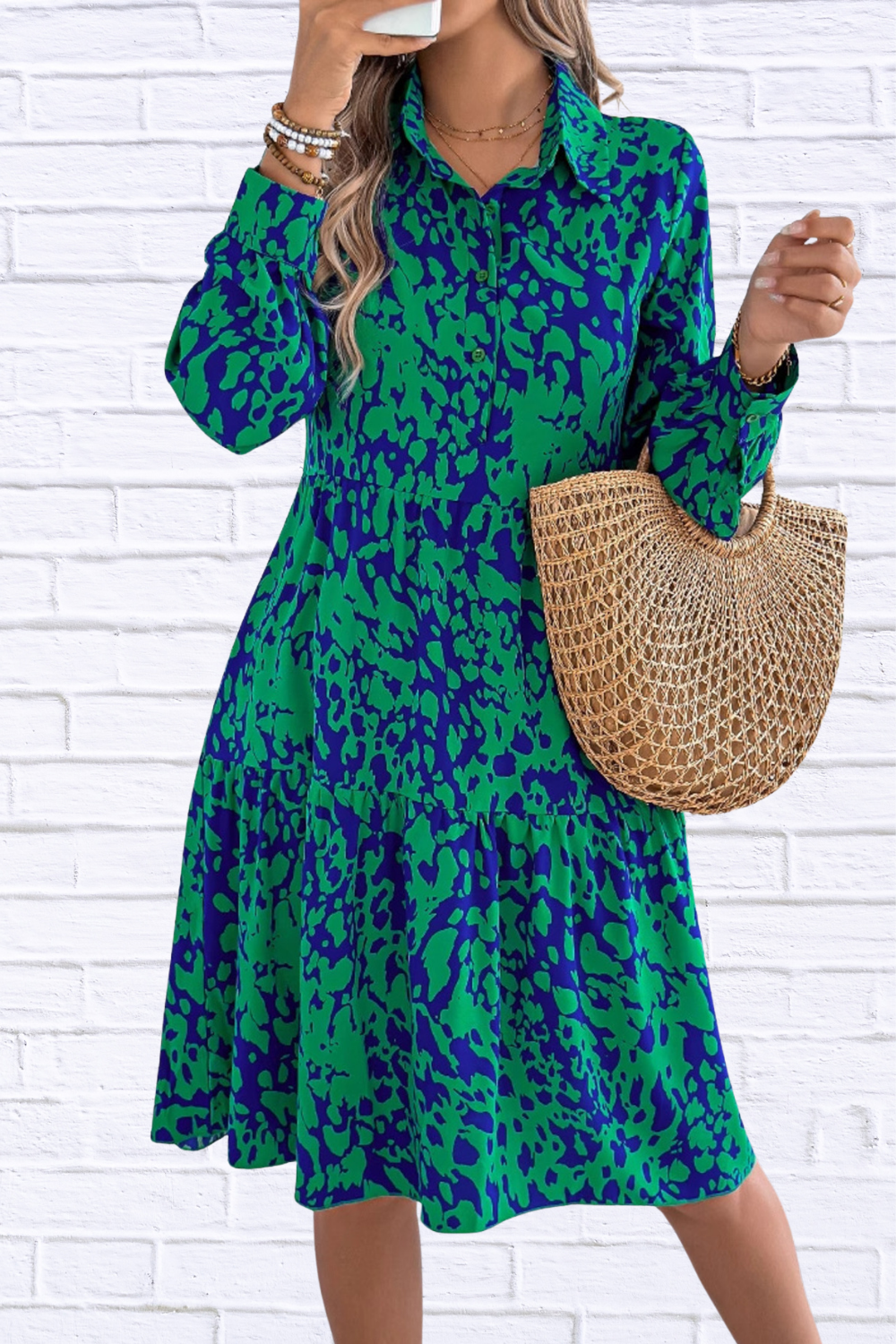 Printed Collared Neck Buttoned Tiered Long Sleeve Dress Green