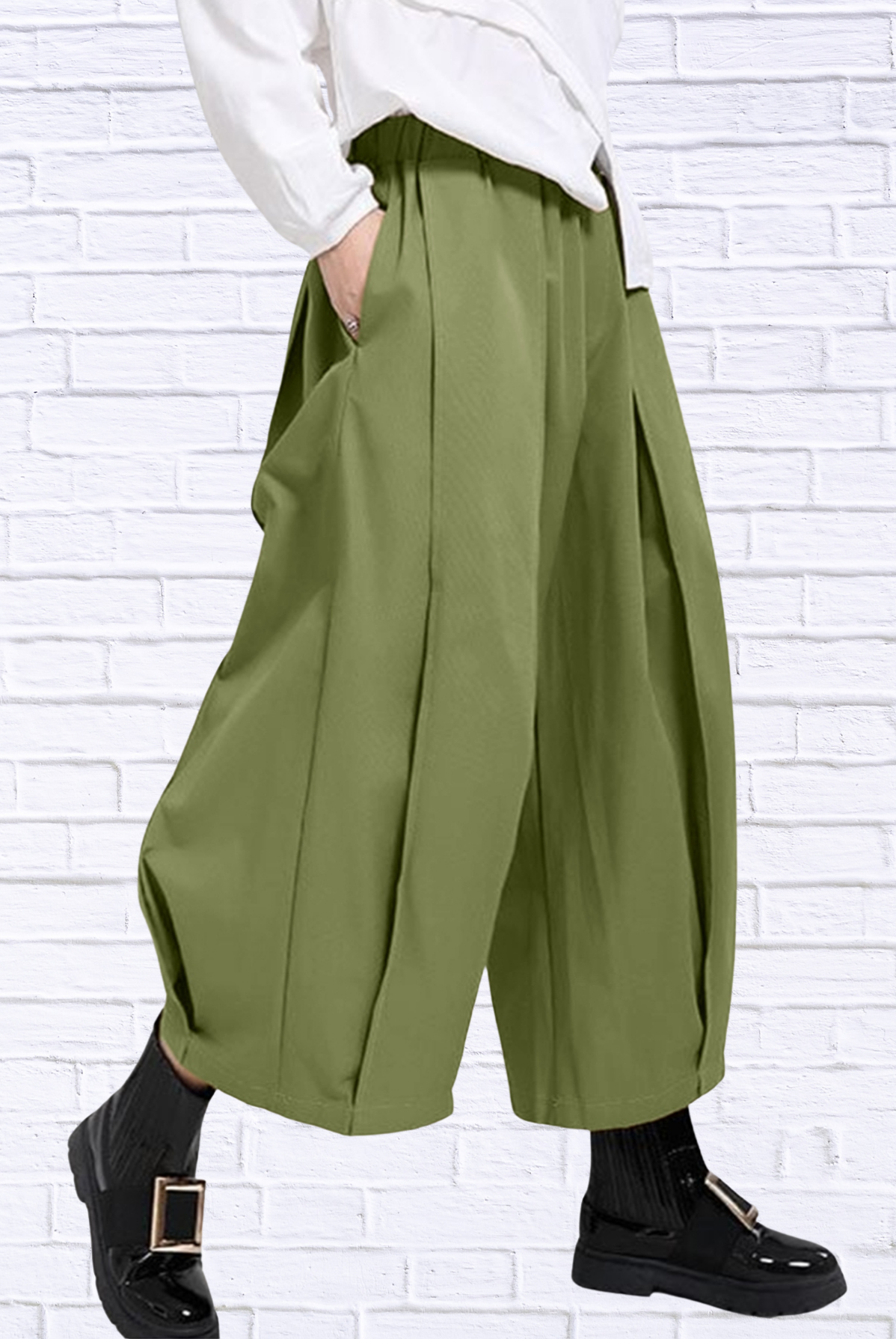 Plus Size Wide Leg Pleated Detail Cropped Pants Matcha Green