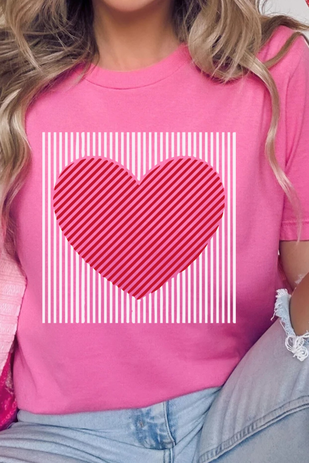 Contrast Striped Heart Printed Valentines Day T Shirt