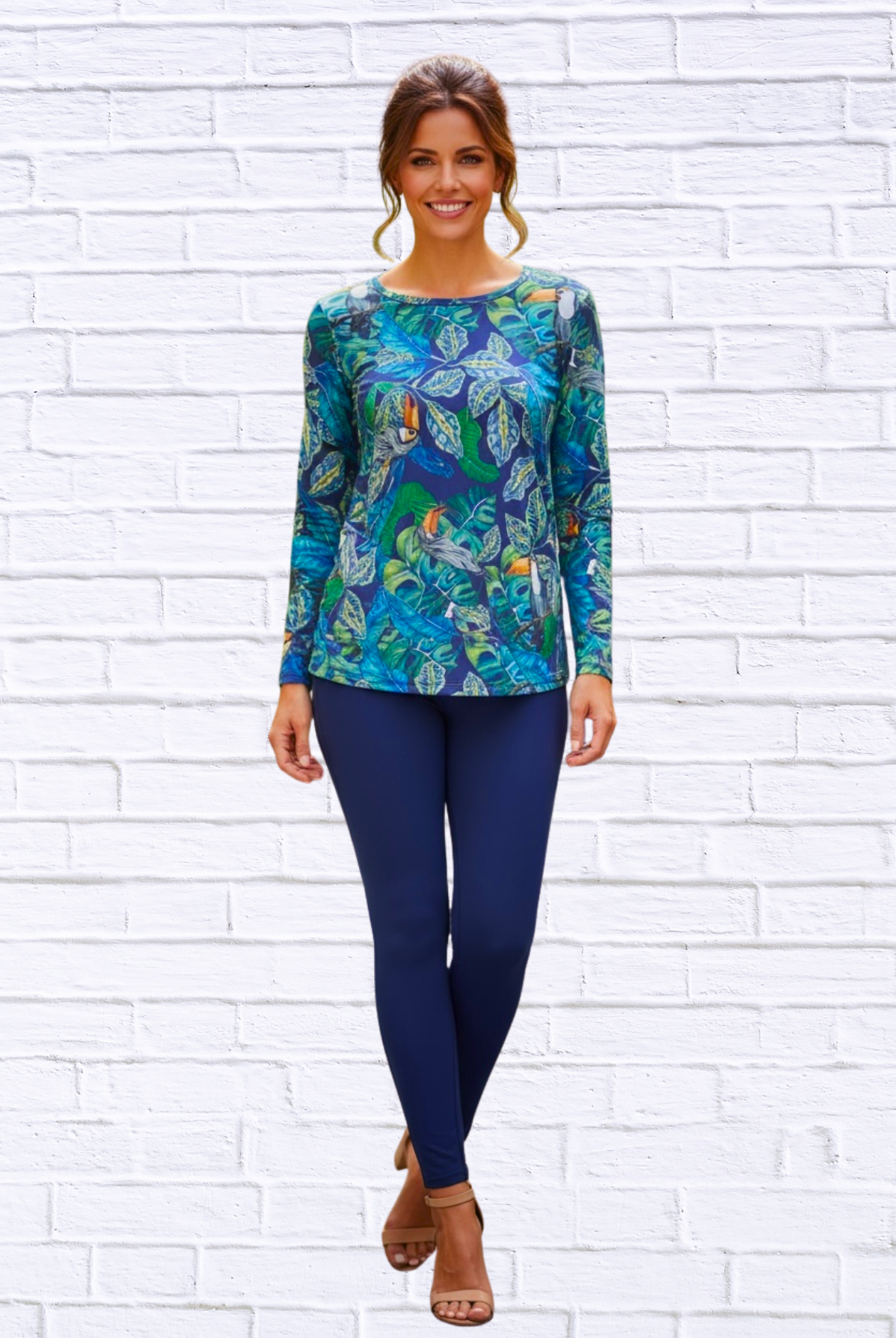 Tropical Toucan Print Long Sleeve Top – Soft Knit Round Neck Casual Statement Blouse