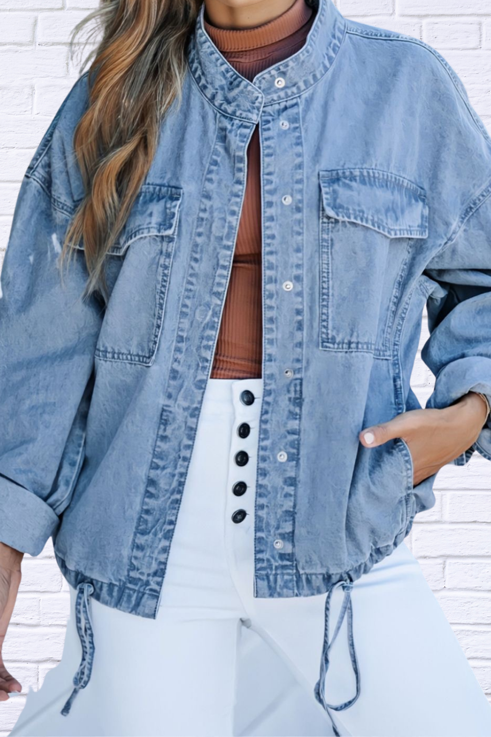 Drawstring Snap Down Denim Jacket with Chest Pockets Medium