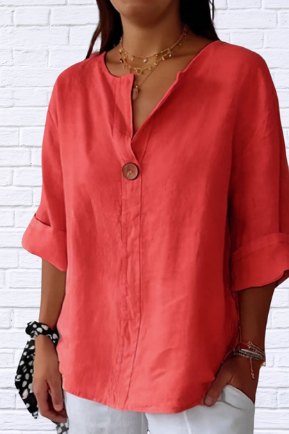 Full Size Linen Blend Notched Blouse Plus Size Red