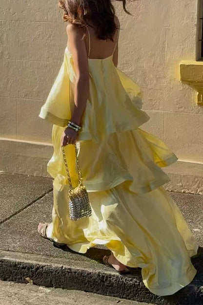 Adjustable Strap Ruffle Layered Satin Maxi Dress