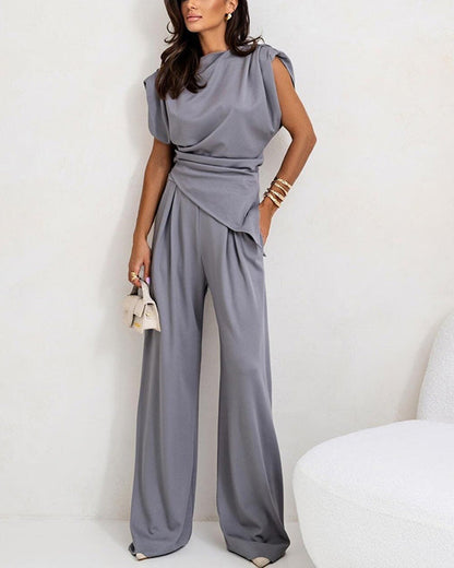 Clidress Irregular Top & Wide Leg Pants Set(10 Colors)