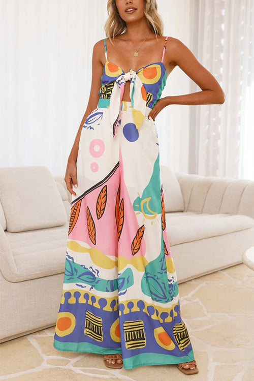 Knot Front Cut Out Pocketed Wide Leg Printed Cami Jumpsuit