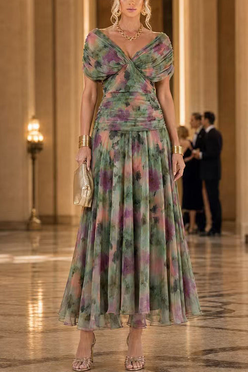 V Neck Short Sleeves Floral Print Maxi Dress