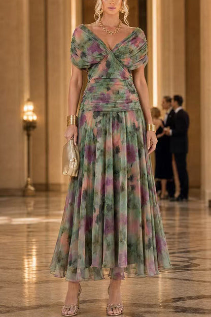 V Neck Short Sleeves Floral Print Maxi Dress