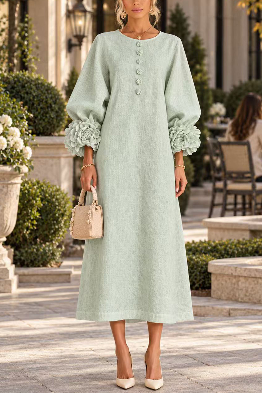 Floral Applique Puff Sleeve A-Line Midi Dress