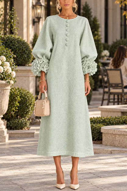 Floral Applique Puff Sleeve A-Line Midi Dress