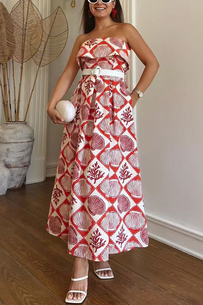 Strapless Tube Marine Life Print Maxi Dress
