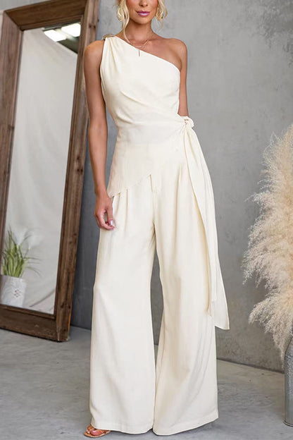 One Shoulder Irregular Hem Top High Rise Pocketed Wide Leg Pants Set
