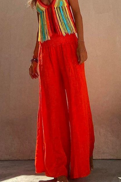 Smocked Elastic Waist Baggy Wide Leg Cotton Linen Pants Orange