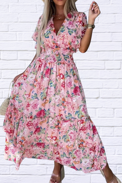 Floral Print Flutter Sleeve Maxi Dress Blush Pink